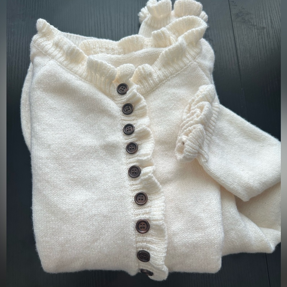 Cream Ruffle Button Sweater Size M Cottagecore Romantic Soft Feminine
